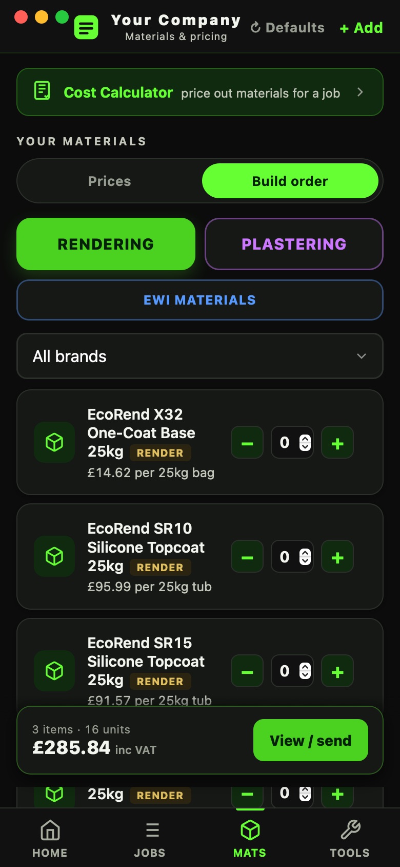 Materials order builder