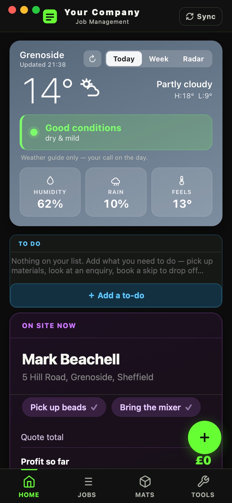 On-site card and weather