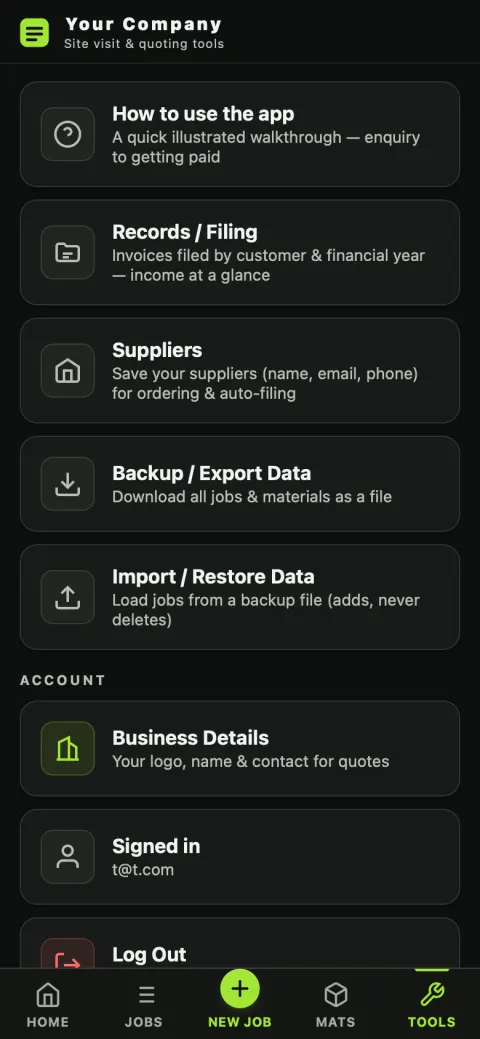 The PlasterFlow Tools screen, with Business Details, Records, Suppliers and backup options