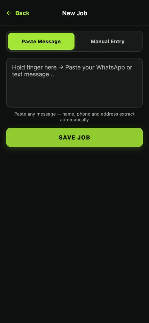 The New Job screen in PlasterFlow — customer name, address, phone and what they want