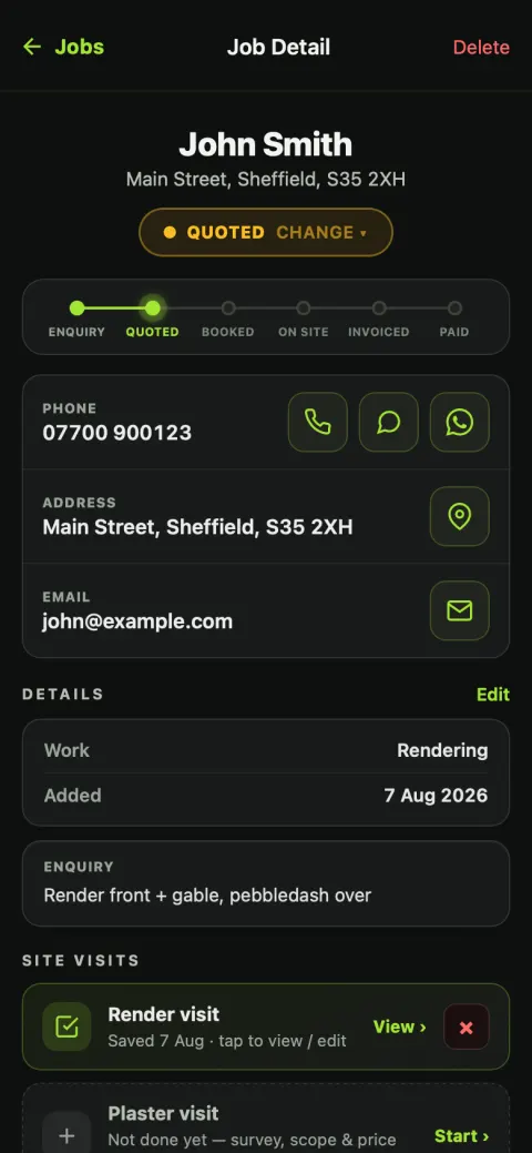 A job open in PlasterFlow showing the workflow buttons — site visit, quote, book date, invoice, ask for review