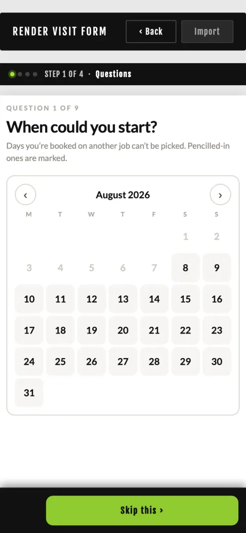 A PlasterFlow site visit asking question 1 of 9 — when could you start — with a calendar that greys out days already booked