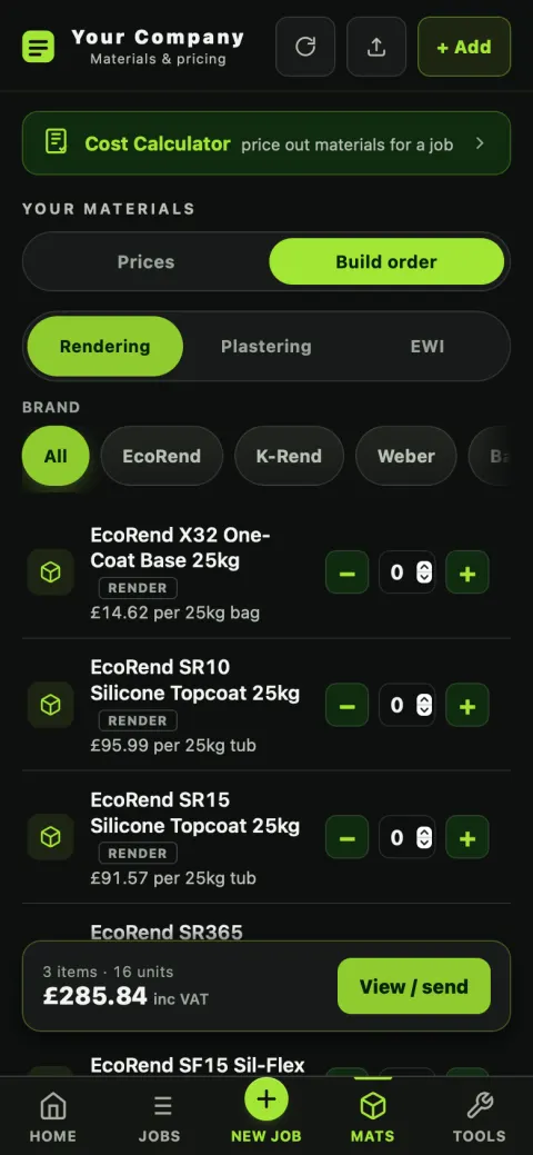 The PlasterFlow materials screen in order-building mode, with quantity steppers and a running total