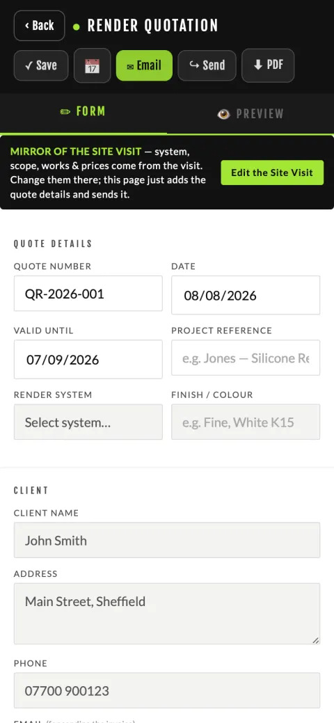 The quote screen in PlasterFlow, with the quote details already filled in from the site visit