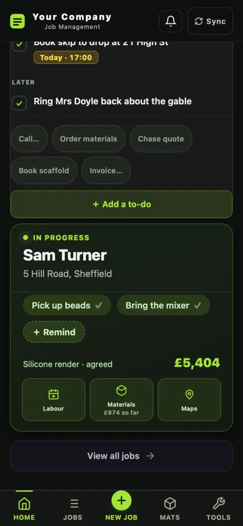 The job you are on today on the PlasterFlow home screen — in progress, with its reminders, the agreed value and buttons for adding labour and materials