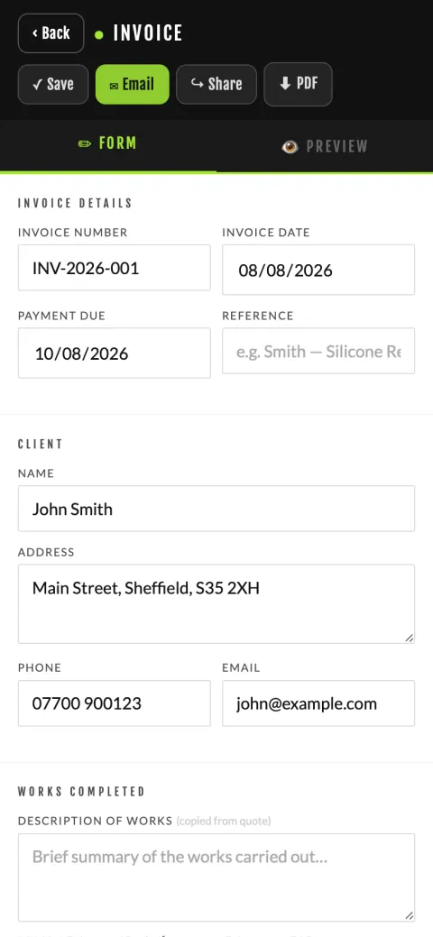 An invoice in PlasterFlow with the works, totals and payment details carried over from the quote