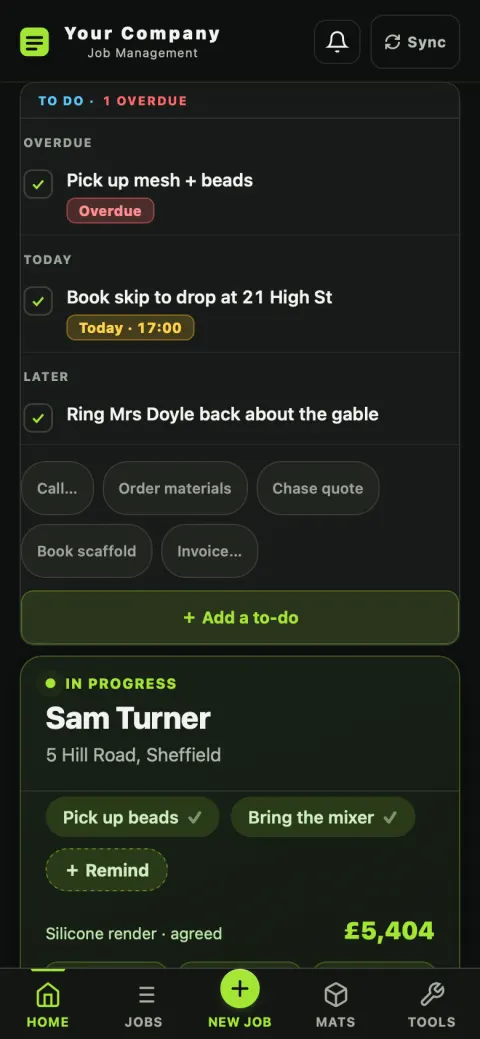 The PlasterFlow home screen showing the to-do list grouped by urgency above the job in progress